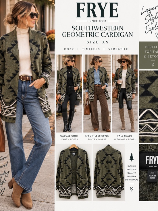 Frye Sweaters - FRYE Olive and Black Southwestern Geometric Open-Front Cardigan